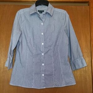 Covington Essentials 3/4 sleeve button blouse, grey/white stripe, Ladies M